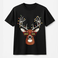 Humorous Reindeer Christmas Graphic Tee, Merry Dude Deer T-Shirt, Holiday Buck Hunter Shirt, Retro Vintage Xmas Hunting Tee