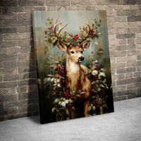 Festive Woodland Reindeer Canvas Print, Christmas Deer Canvas Wall Art, Winter Stag with Red Berries Wall Art, Holiday Cottage Decor