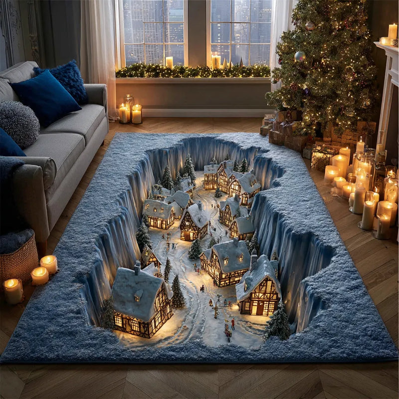3D Winter Canyon Landscape Rug, Snow Retreat Village Area Rug, Christmas Mountain Town Floor Rug, Comfy Flannel Room Carpet, Holiday Present