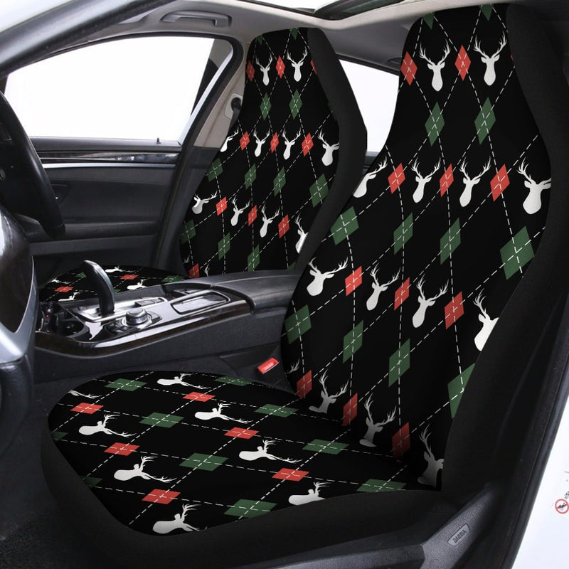 Cabin Plaid Reindeer Auto Seat Cover, Christmas Deer Argyle Car Seat Covers, Polar Fleece Vehicle Seat Covers, Holiday Winter Decor