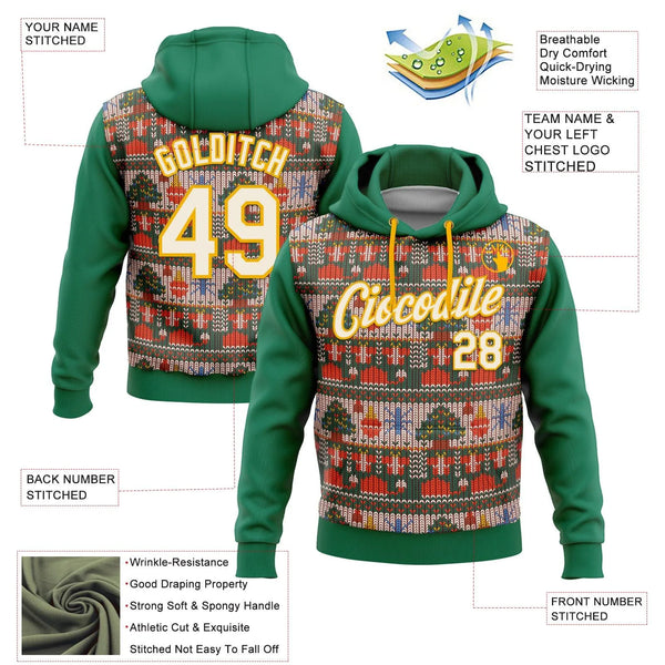 Personalized Ugly Sweater Hoodie, Custom Christmas Hoodie, Kelly Green Gold Holiday Hoodie, Custom Name Number Sweatshirt, Xm