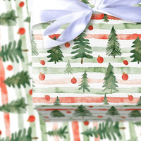 Striped Pine Tree Gift Wrap, Watercolor Christmas Tree Wrapping Paper, Red Green Holiday Wrapping Paper, Festive Winter Present Gift Wrap