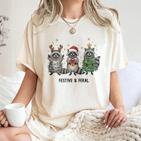 Humorous Christmas Animal T-Shirt, Festive and Feral Raccoon T-Shirt, Retro Holiday Graphic Tee, Adorable Xmas Trash Panda Graphic T-Shirt Present