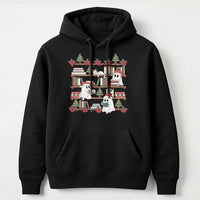 Adorable Spooky Bookish Holiday Hooded Sweatshirt, Christmas Ghost Bookshelf Hoodie, Reading Ghost Library Pullover, Book Lover Comfy Sweater