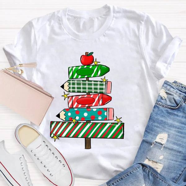 Festive Holiday Classroom Graphic Tee, Christmas Pencil Tree Teacher Shirt, Winter School Vacation T-Shirt, Xmas Teacher Pres