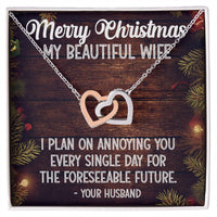 CZ Steel Heart Pendant, Wife Christmas Interlocking Hearts Necklace, Romantic Wife Holiday Jewelry, Sentimental Anniversary Present for Her