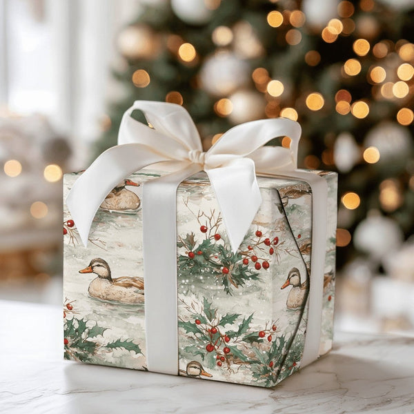 Winter Nature Christmas Gift Wrap, Watercolor Ducks Holly Wrapping Paper, Rustic Wildlife Holiday Paper, Festive Present Wrap