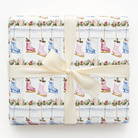 Fireplace Mantel Gift Wrap, Ice Skate Christmas Wrapping Paper, Watercolor Winter Skater Wrapping Paper, Holiday Gift Wrap Roll
