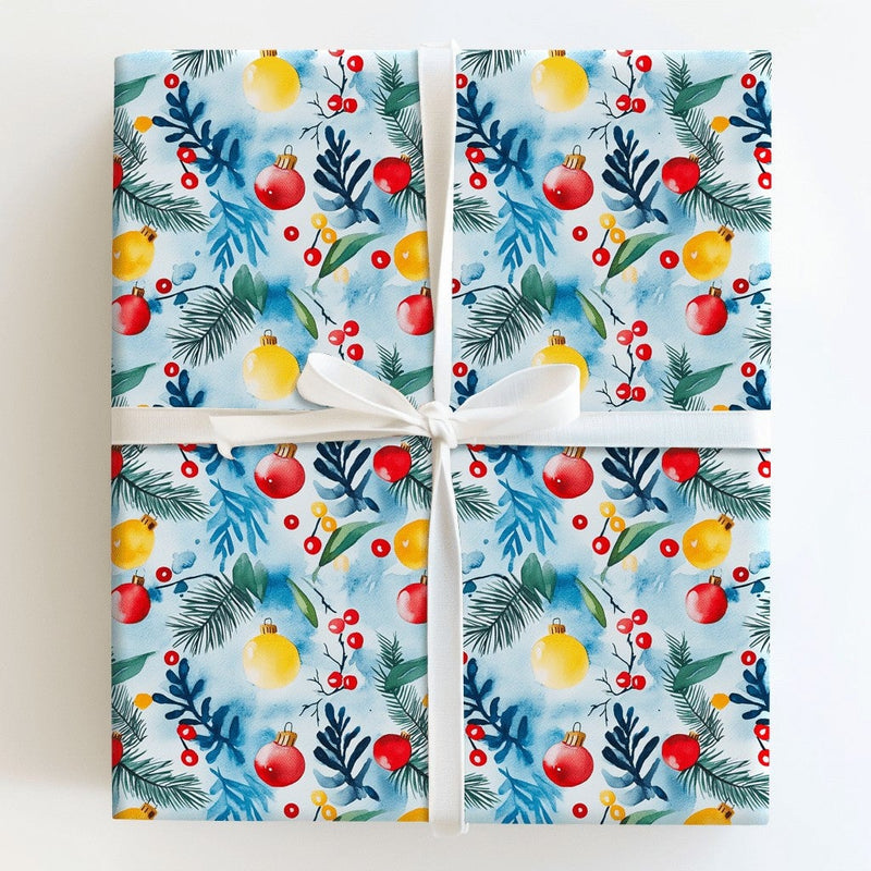 Pine Branch Holly Holiday Gift Wrap, Watercolor Christmas Ornament Wrapping Paper, Botanical Xmas Wrapping Paper, Seasonal Gift Wrap Roll