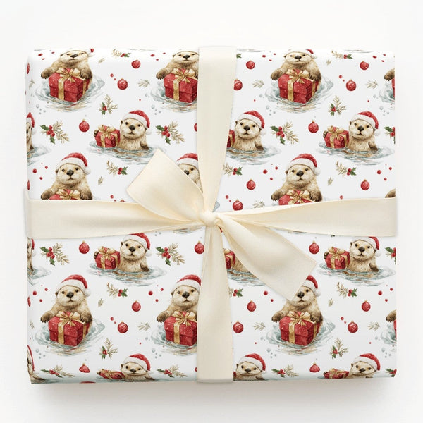 Santa Hat Sea Otter Gift Wrap, Christmas Otter Wrapping Paper, Adorable Animal Holiday Wrapping Paper, Watercolor Winter Pres