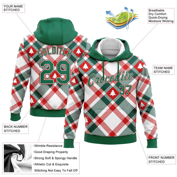 Personalized Name Number Holiday Pullover, Custom Christmas Plaid Tree Hoodie, 3D Xmas Tree Sweatshirt, Sports Fan Holiday Pr