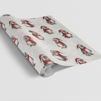 Santa Hat Penguin Gift Wrap, Christmas Penguin Wrapping Paper, Winter Holiday Wrapping Paper, Whimsical Snow Gift Wrap, Xmas Wrapping Paper