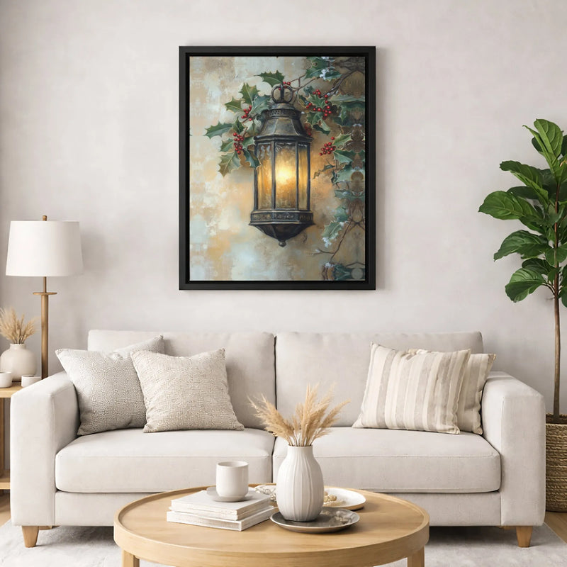 Glowing Holly Berries Canvas, Christmas Lantern Canvas Wall Art, Winter Holiday Art Canvas Print, Xmas Wall Decor, Festive Home Present