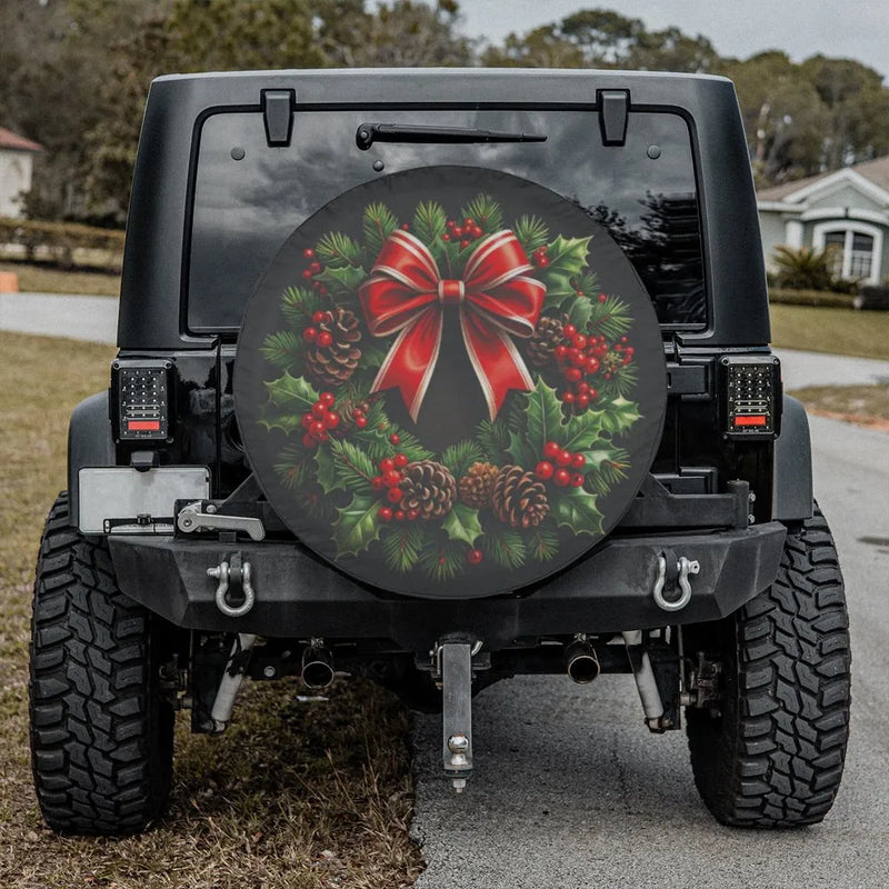 Festive Pinecone Red Bow Tire Cover, Christmas Wreath Spare Tire Cover, Waterproof Holiday Tire Cover, Xmas Jeep SUV Car Decor Present