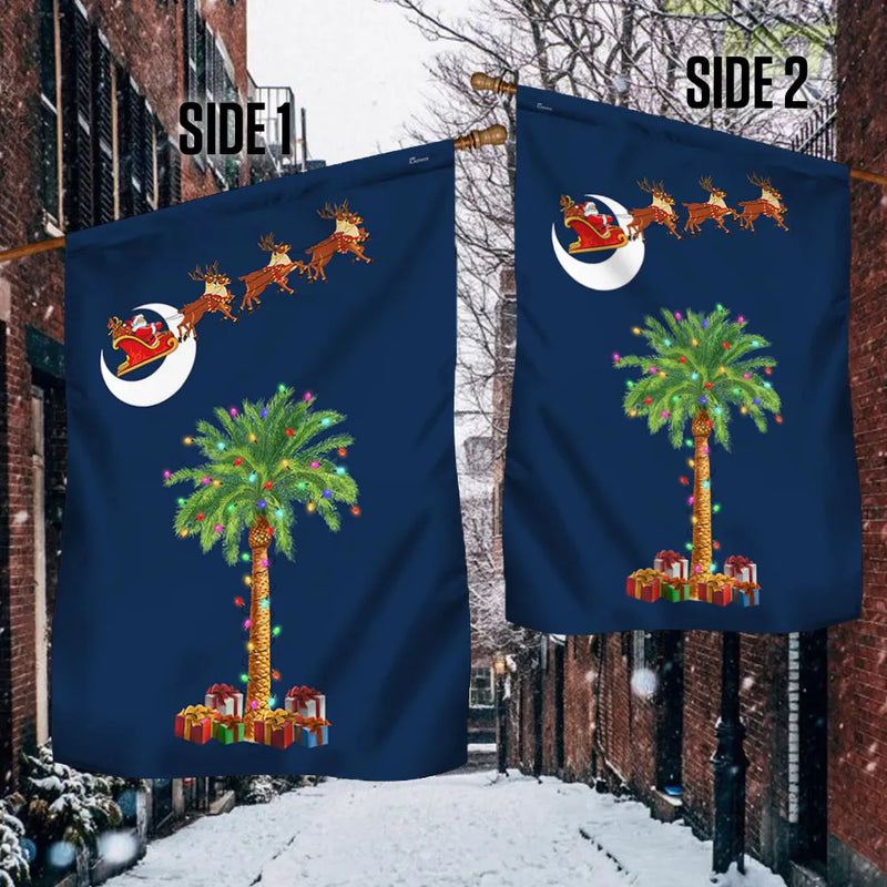Santa Sleigh Palmetto Tree Yard Flag, South Carolina Christmas Garden Flag, Double Sided SC Holiday Lawn Flag, Winter Yard Decor