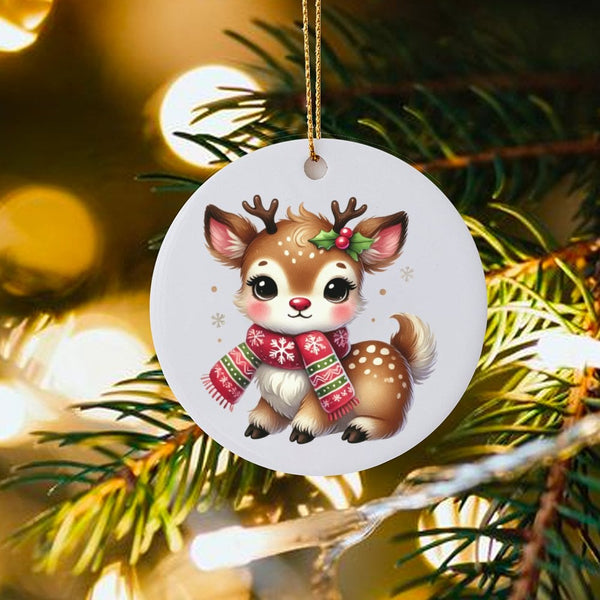 Adorable Deer with Scarf Ceramic Tree Ornament, Baby Reindeer Christmas Ornament, Kawaii Reindeer Holiday Keepsake, Festive X