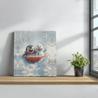 Cartoon Winter Scene Canvas Art, Adorable Penguin and Snowman Square Canvas, Kids Nursery Penguin Canvas Print, Holiday Christmas Wall Decor
