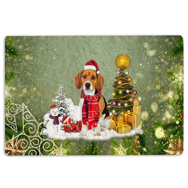 Merry Christmas Dog Snow Tree Welcome Mat, Beagle Christmas Doormat, Holiday Entryway Doormat, Non-Slip Indoor Outdoor Dog Lover Present