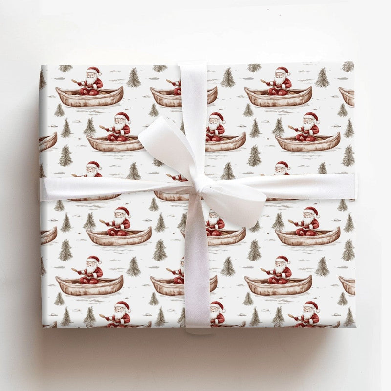 Rustic Holiday Gift Wrap, Watercolor Santa Canoe Wrapping Paper, Nature Lover Santa Wrapping Paper, Pine Tree Christmas Gift Wrap Roll