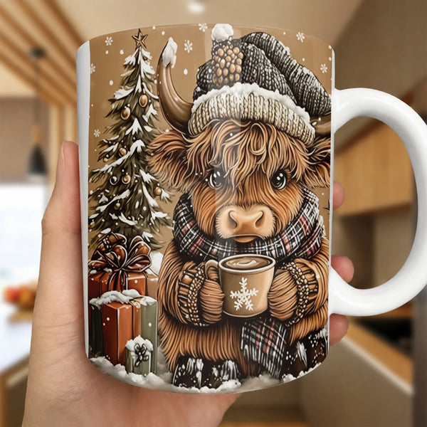 Comfy Winter Holiday Coffee Mug, Highland Cow Christmas Mug, Adorable Farm Animal Ceramic Mug, Christmas Coffee Cup, Cow Love