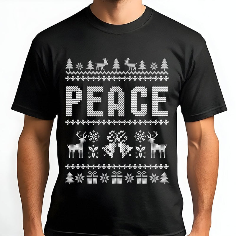 Knitted Sweater Style Xmas T-Shirt, Peace Ugly Christmas Shirt, Humorous Holiday Graphic Tee, Festive Matching Shirt, Retro Christmas Tee Present