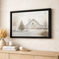 Lit Christmas Tree Canvas Print, Snowy White Barn Canvas Wall Art, Winter Scene Holiday Canvas, Rustic Farmhouse Decor, Winter Wall Present