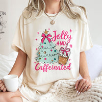 Christmas Coffee Lover Shirt, Jolly and Caffeinated T-Shirt, Festive Holiday Graphic Tee, Adorable Xmas Coffee T-Shirt