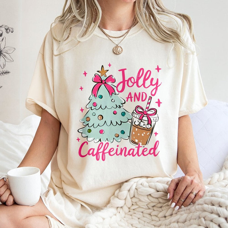 Christmas Coffee Lover Shirt, Jolly and Caffeinated T-Shirt, Festive Holiday Graphic Tee, Adorable Xmas Coffee T-Shirt