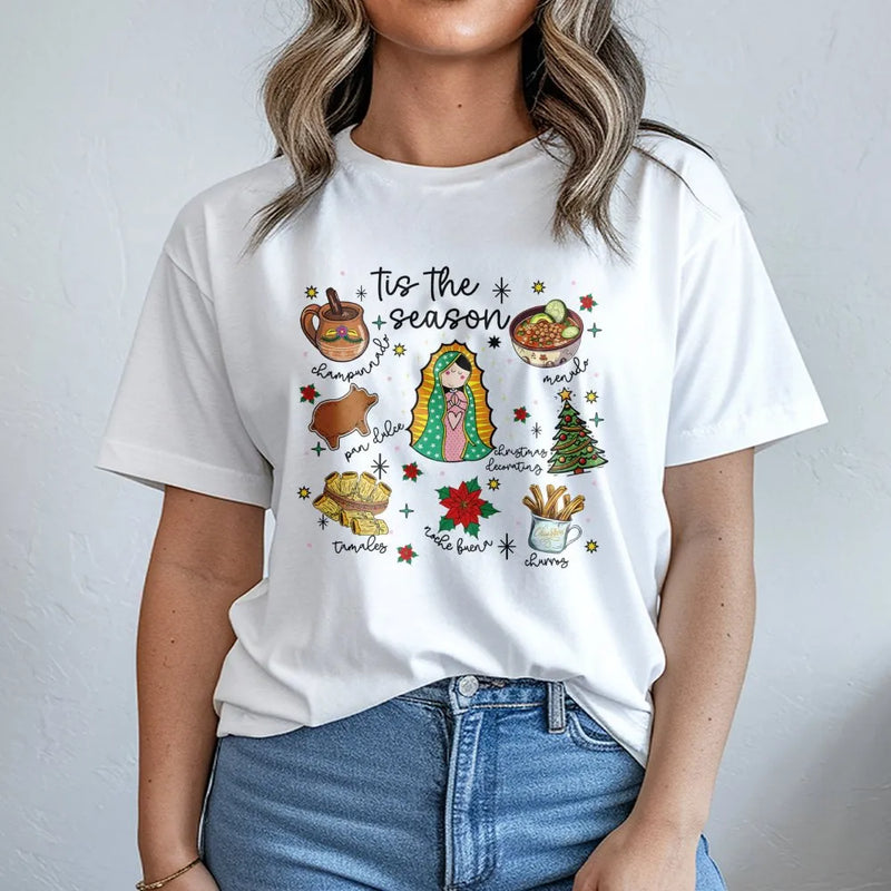 Mexican Christmas T-Shirt, Tis the Season Virgencita T-Shirt, Feliz Navidad Graphic Tee, Virgin Mary Holiday T-Shirt, Xmas Present for Her