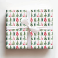 Red and Pink Holiday Gift Wrap, Watercolor Christmas Tree Wrapping Paper, Artistic Winter Tree Wrapping Paper, Festive Xmas Wrapping Paper