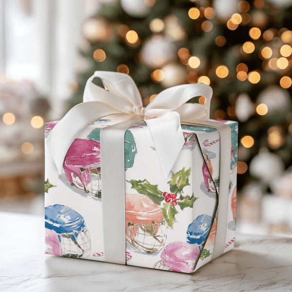 Watercolor Sports Christmas Gift Wrap, Hockey Helmets and Candy Canes Wrapping Paper, Hockey Fan Wrapping Paper Roll, Festive