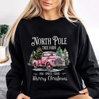 Pink Vintage Truck Christmas Crewneck, North Pole Tree Farm Sweatshirt, Coquette Holiday Tree Sweater, Adorable Winter Xmas Present Her
