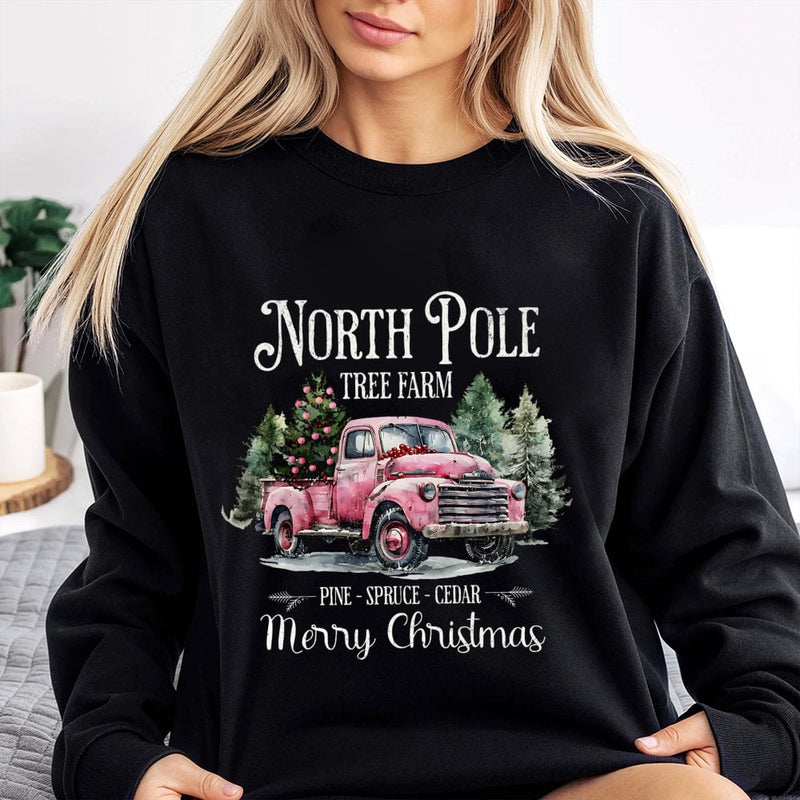 Pink Vintage Truck Christmas Crewneck, North Pole Tree Farm Sweatshirt, Coquette Holiday Tree Sweater, Adorable Winter Xmas Present Her