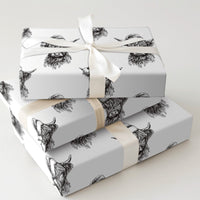 Black and White Christmas Gift Wrap, Sketch Highland Cow Wrapping Paper, Rustic Cow Holiday Wrapping Paper, Farmhouse Gift Wrap Paper Roll