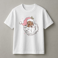 Retro Pink Hat Christmas Graphic Tee, Black Santa T-Shirt, African American Holiday Shirt, Inclusive Xmas Apparel for Women