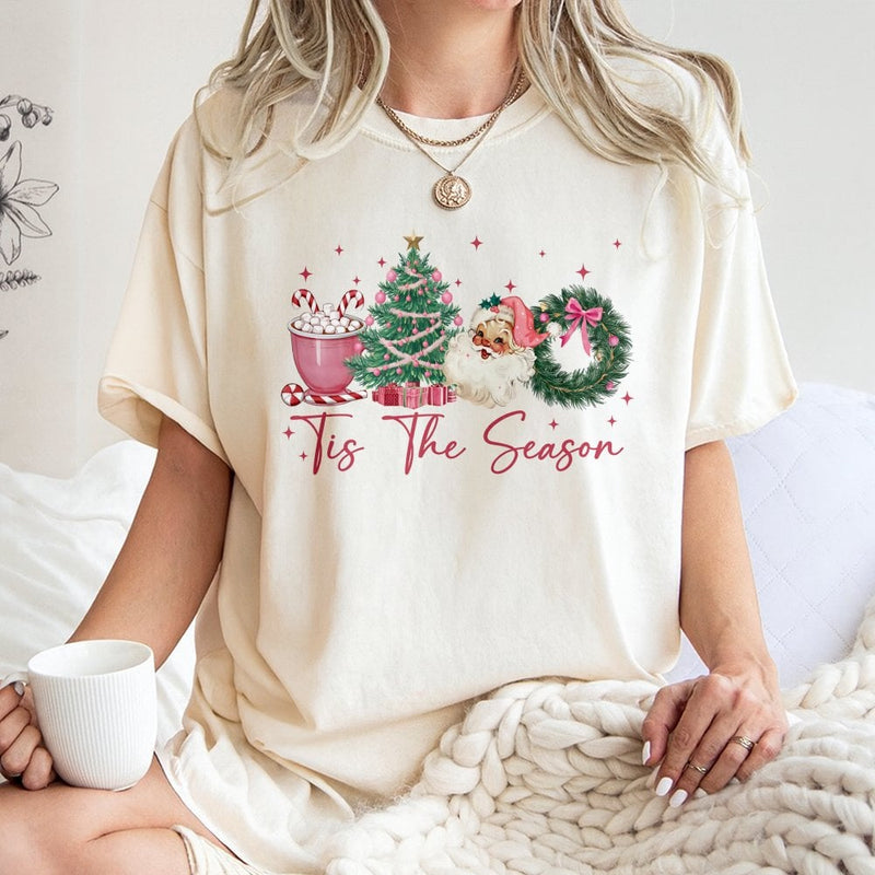 Vintage Santa and Tree T-Shirt, Tis the Season Christmas Shirt, Retro Holiday Graphic Tee, Festive Christmas Graphic Shirt Present