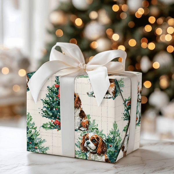 Christmas Tree Dog Gift Wrap, Cavalier King Charles Wrapping Paper, Watercolor Spaniel Wrapping Paper, Holiday Dog Lover Gift