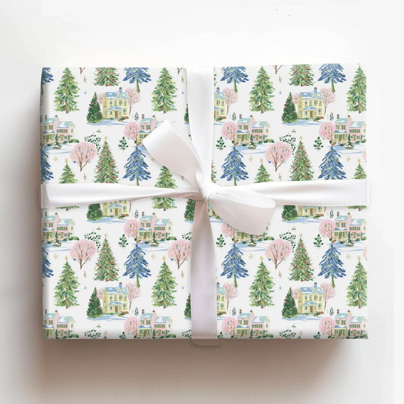 Christmas Town Gift Wrap, Watercolor Winter Village Wrapping Paper, Snowy Cottage Wrapping Paper Roll, Festive Holiday Present Supplies
