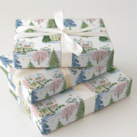 Christmas Town Gift Wrap, Watercolor Winter Village Wrapping Paper, Snowy Cottage Wrapping Paper Roll, Festive Holiday Present Supplies