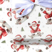 Snowy Tree Santa Gift Wrap, Skateboarding Santa Wrapping Paper, Whimsical Christmas Wrapping Paper, Adorable Skater Santa Present Wrap