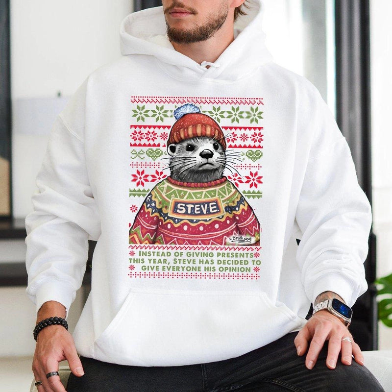 Adorable Otter Ugly Xmas Sweater Graphic Pullover, Steve the Otter Humorous Christmas Hoodie, Holiday Animal Hooded Sweatshirt, Xmas Present