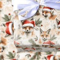Watercolor Woodland Fox Gift Wrap, Christmas Fox Wrapping Paper, Santa Hat Fox Wrapping Paper, Rustic Winter Animal Holiday Present Wrap