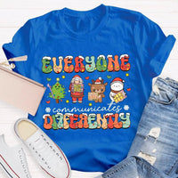 Festive Lights Neurodiversity Tee, Everyone Communicates Differently Christmas Shirt, SPED Teacher Holiday T-Shirt, ASL Xmas Present