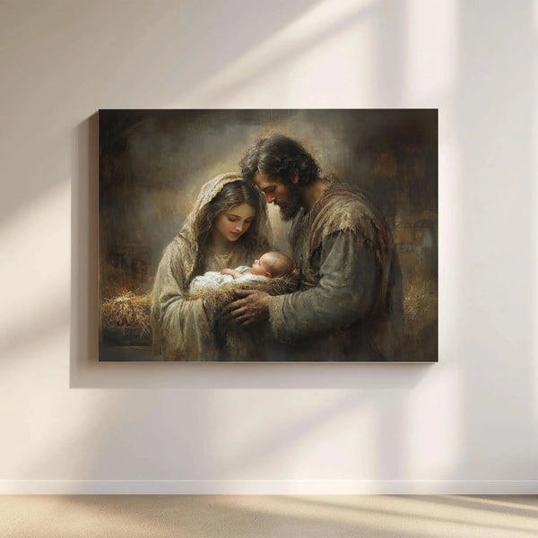 Holy Family Baby Jesus Wall Art, Nativity Scene Canvas Art, Classical Christian Nativity Print, Biblical Christmas Canvas Dec
