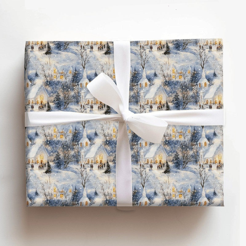 Scenic Village Christmas Gift Wrap, Snowy Winter Church Wrapping Paper, Traditional Holiday Wrapping Paper, Winter Gift Wrap Paper Roll