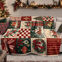 Cranberry Checkerboard Holiday Throw Blanket, Vintage Christmas Patchwork Sherpa Blanket, Farmhouse Christmas Couch Blanket