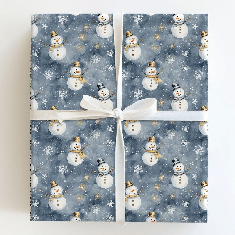 Gold Snowflake Gift Wrap, Watercolor Snowman Wrapping Paper, Dusky Blue Christmas Wrapping Paper, Winter Holiday Gift Wrap, Xmas Gift Wrap