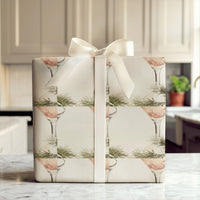 Pink and Teal Cocktail Gift Wrap, Christmas Martini Wrapping Paper, Retro Holiday Drinks Wrapping Paper, Festive Pine and Holly Gift Wrap