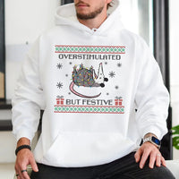Humorous Christmas Lights Sweatshirt, Overstimulated but Festive Possum Hoodie, Quirky Holiday Pullover, Adorable Possum Winter Graphic Hooded Top