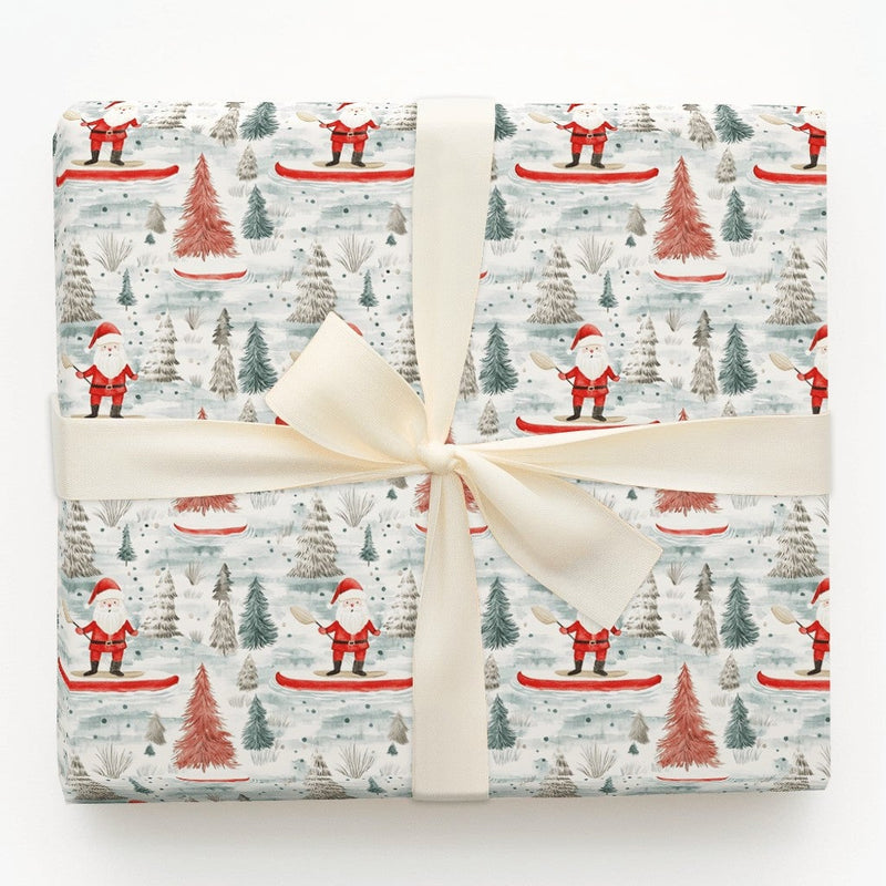 Red Canoe Winter Forest Gift Wrap, Santa in Canoe Wrapping Paper, Outdoor Adventure Christmas Paper, Whimsical Holiday Wrapping Paper Roll